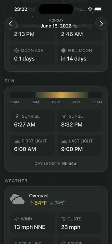 Moon, sun, and weather screen for Austin, Texas